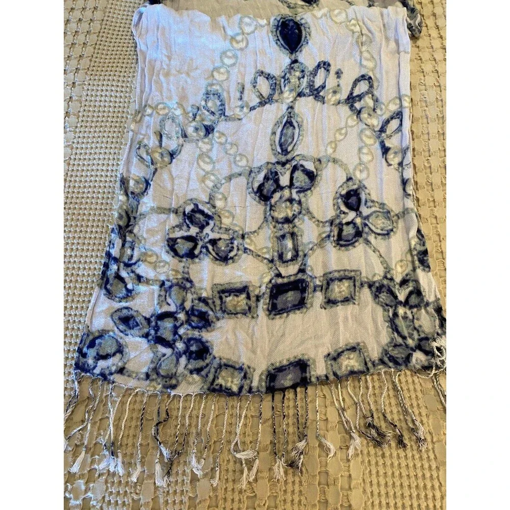 White Scarf with Blue & Navy Design w/ Fringed‎ Ends